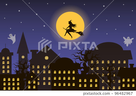 Halloween night city with witch flying against the moon. Ghosts are flying above the city. Vector Halloween banner, greeting card, poster or background. 96482967