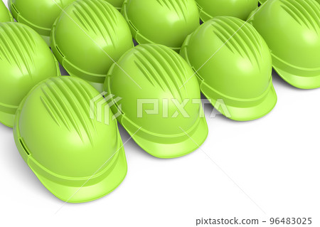 Set of safety helmets or hard caps for carpentry work in row on white background 96483025