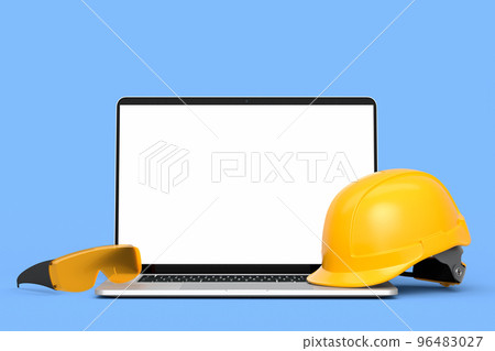 Set of safety helmets or hard caps, goggles and laptop on blue background 96483027