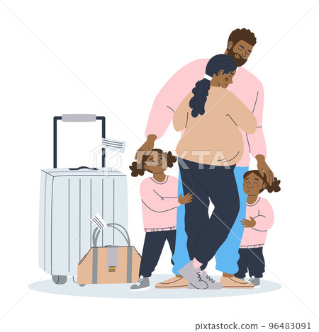 Pregnant couple with two daughters. A family with suitcases says goodbye to their father. Big friendly family. Vector illustration 96483091