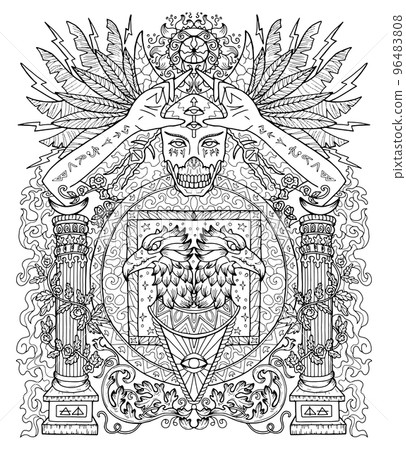 Mystic vector masonic illustration with scary hands, eagles and third eye, occult, esoteric and gothic symbols, black and white coloring page, Halloween concept 96483808