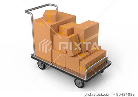 Airport luggage cart or baggage trolley side with cardboard boxes or cartons Airport luggage cart or baggage trolley side with cardboard boxes or cartons 96484082