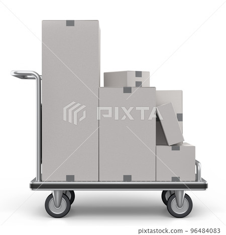 Airport luggage cart or baggage trolley side with cardboard boxes or cartons Airport luggage cart or baggage trolley side with cardboard boxes or cartons 96484083