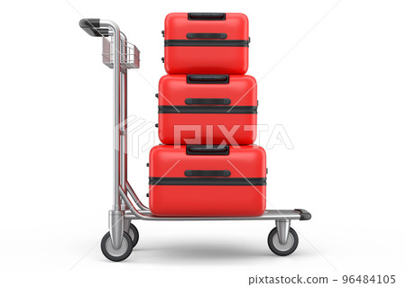Regular suitcase on hotel trolley cart for carrying baggage on white background Regular suitcase on hotel trolley cart for carrying baggage on white background 96484105