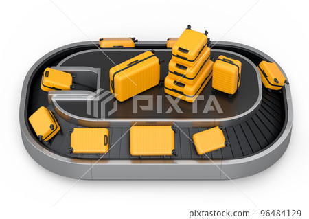 Airport luggage conveyor belt or baggage claim area with suitcases on white. 96484129