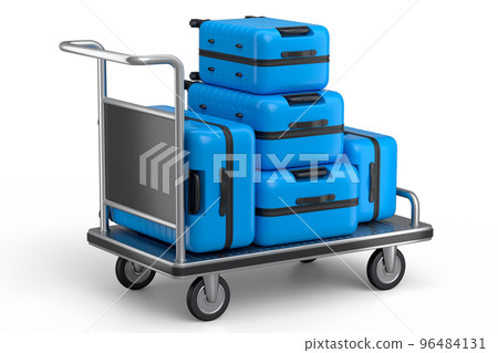 Regular suitcase on hotel trolley cart for carrying baggage on white background 96484131