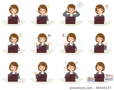 Various gestures of business women working on laptops 96484157
