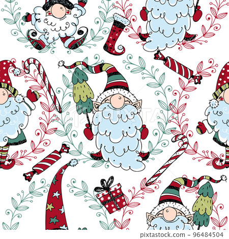 Christmas seamless pattern with cute Nordic gnomes. Doodle style. Vector. 96484504