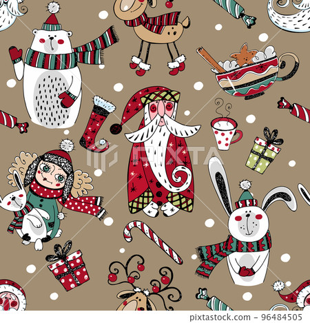 Christmas winter seamless pattern with Santa Claus and winter animals. Doodle style. Vector. 96484505