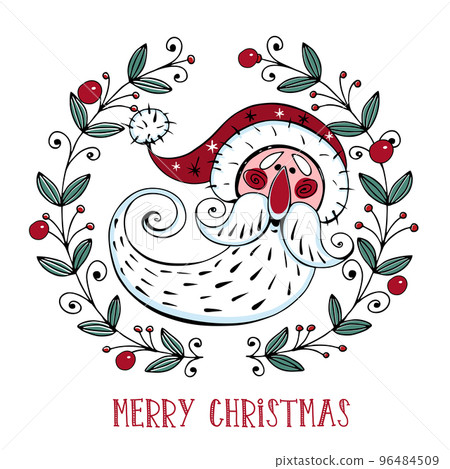 Christmas card with Santa Claus in a Christmas wreath. Doodle style. Vector. 96484509