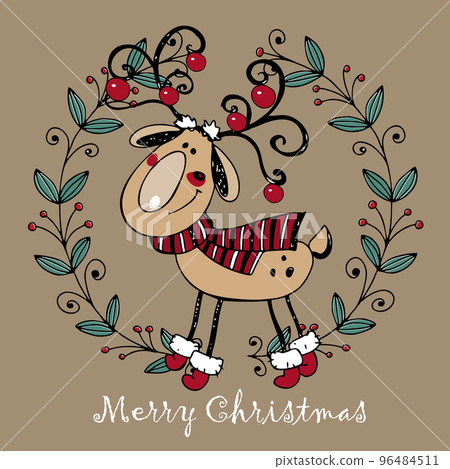 A Christmas card with a cute winter deer. doodle style. Vector. 96484511