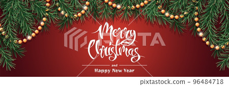 Christmas background with fir branches and garland. Horizontal banner with festive elements. Great for ads, flyers, backgrounds and more. Vector winter background 96484718