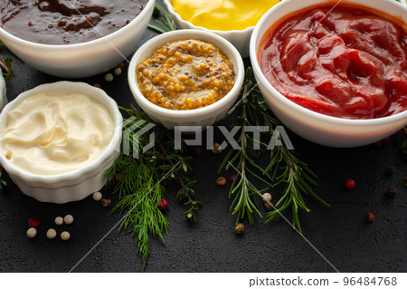 Sauces in bowls with seasonings Sauces in bowls with seasonings 96484768