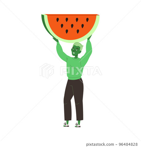 Happy Green Man Holding Huge Watermelon Slice as Ketogenic Diet Food Vector Illustration 96484828
