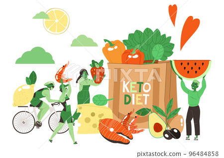 Ketogenic Diet with Male and Female Characters with Balanced Low-carb Food and Vegetables Vector Illustration Ketogenic Diet with Male and Female Characters with Balanced Low-carb Food and Vegetables Vector Illustration 96484858