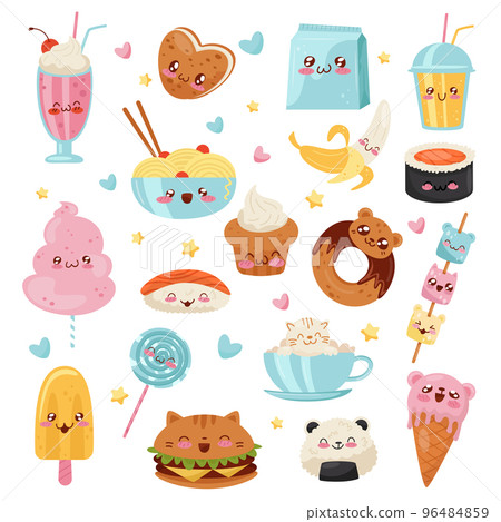 Kawaii Food with Happy Smiling Face and Cheeks Big Vector Set Kawaii Food with Happy Smiling Face and Cheeks Big Vector Set 96484859