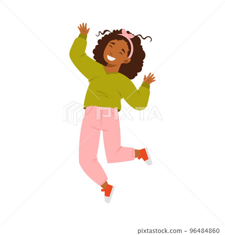 Jumping African American Girl Feeling Happiness and Excitement Having Fun Vector Illustration 96484860