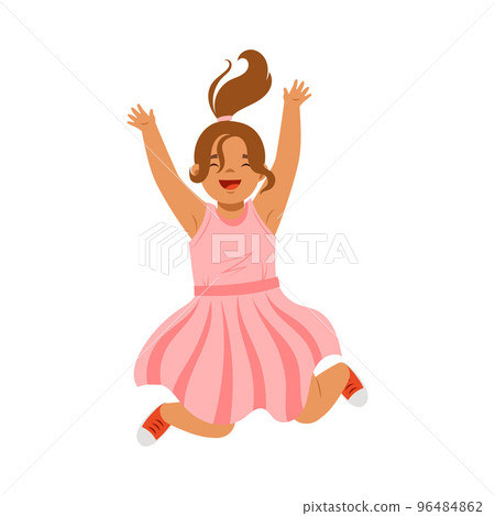 Jumping Girl in Pink Dress Feeling Happiness and Excitement Having Fun Vector Illustration Jumping Girl in Pink Dress Feeling Happiness and Excitement Having Fun Vector Illustration 96484862