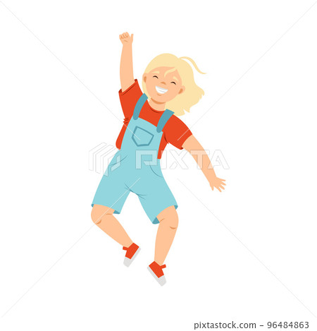Jumping Blond Girl in Jumpsuit Feeling Happiness and Excitement Having Fun Vector Illustration Jumping Blond Girl in Jumpsuit Feeling Happiness and Excitement Having Fun Vector Illustration 96484863