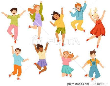 Jumping Kids Feeling Happiness and Excitement Having Fun Vector Set Jumping Kids Feeling Happiness and Excitement Having Fun Vector Set 96484902