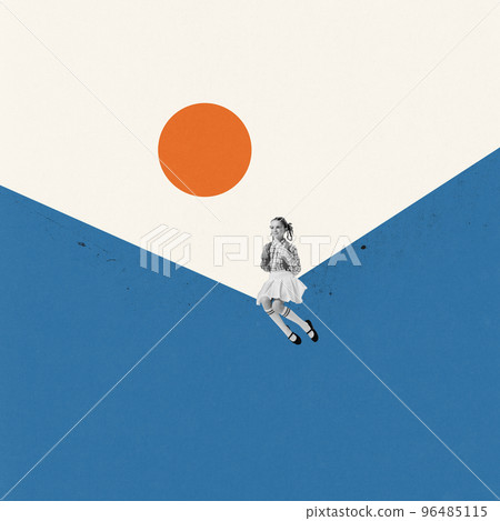 Contemporary art collage. Creative design. Little girl, child in school uniform with backpack sitting and looking at sun. Daytime walk 96485115