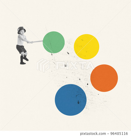Contemporary art collage. Creative design. Little playful boy, child in helmet playing baseball, having fun. Active kid Contemporary art collage. Creative design. Little playful boy, child in helmet playing baseball, having fun. Active kid 96485116