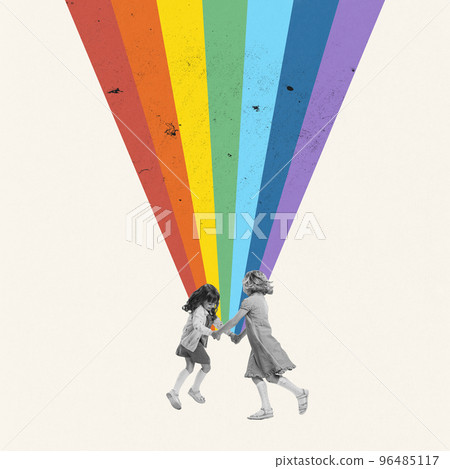 Contemporary art collage. Creative design. Happy cheerful children. two girl holding hands and spinning around the rainbow Contemporary art collage. Creative design. Happy cheerful children. two girl holding hands and spinning around the rainbow 96485117