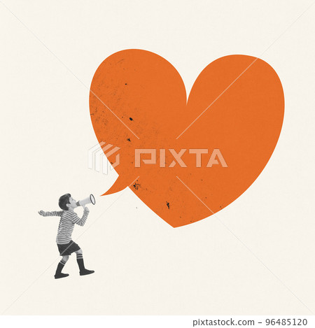 Contemporary art collage. Creative design. Little boy, child shouting in megaphone about love and feelings. Pure emotions 96485120