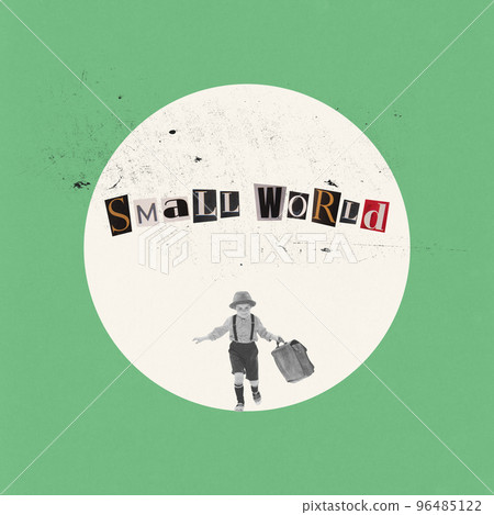 Contemporary art collage. Creative design. Little boy, child playing, pretending to be a world explorer. Having fun 96485122