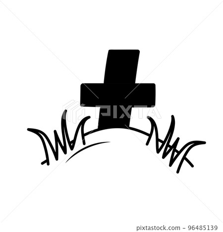 Grave with cross and grass in doodle style. Gloomy sketch. Halloween symbol. Grave in the cemetery. Religious symbol. All Saints Day. 96485139