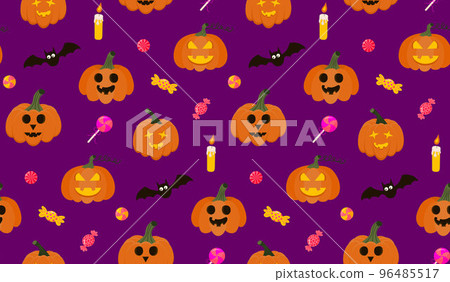 Seamless Halloween Pattern with pumpkins, candy, bat and candle. Perfect for Gift Wrapping, Home Decor and Textiles. 96485517