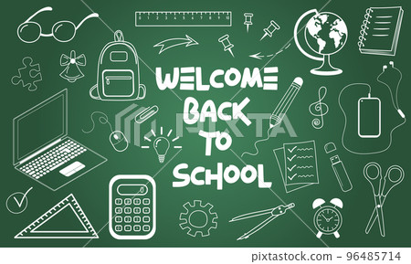 Welcome back to school, chalk-writing text and education icons on chalkboard. Welcome back to school, chalk-writing text and education icons on chalkboard. 96485714