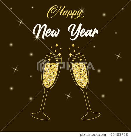 Two sparkling glasses of champagne with gold glitter. Happy New Year lettering. Colorful background with star light. Two sparkling glasses of champagne with gold glitter. Happy New Year lettering. Colorful background with star light. 96485738