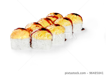 Baked uramaki rolls with eel, hat of melted cheese and unagi sauce 96485841