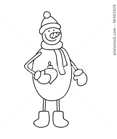 Funny smiling snowman with a Christmas tree toy in his hands. A stylized image of a winter character. Vector illustration in a doodle style. Funny smiling snowman with a Christmas tree toy in his hands. A stylized image of a winter character. Vector illustration in a doodle style. 96485929
