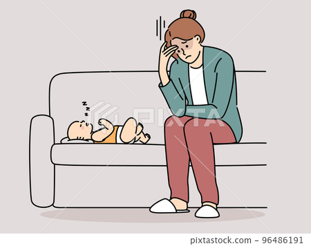 Exhausted young mother struggle with motherhood  96486191
