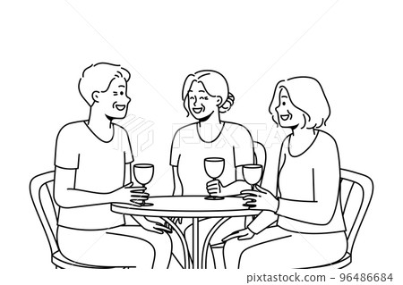 Smiling old people sit in cafe drink wine  96486684