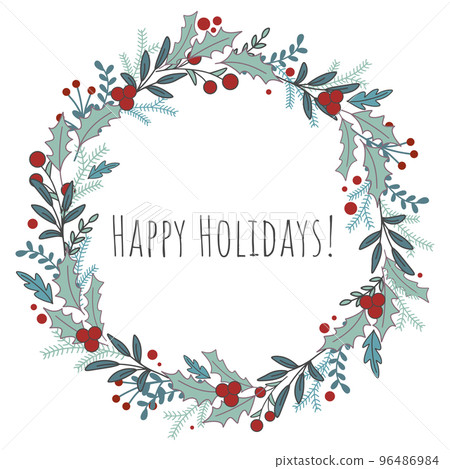 Happy holidays christmas vintage round wreath with berries foliage and holly 96486984