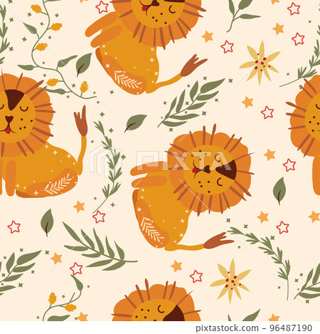 Seamless pattern with funny lion, green leaves, flowers, stars around. Cute lion, bright pattern can be used as textile, fabric, wallpaper, banner and other. Vector. 96487190