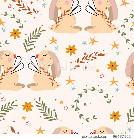 Seamless patterns with Gemini, colorful flowers, leaves and stars. Astrological Gemini zodiac. Bright astrological pattern can be used as textile, fabric, wallpaper, banner and other. Vector. 96487192