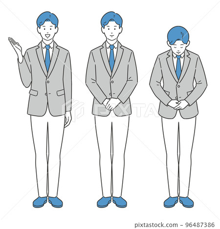 Full-body illustration set of a businessman who guides, introduces, and explains in a standing position 96487386