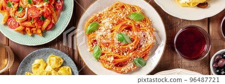 Pasta panorama. Assortment of Italian pastas, with spaghetti Bolognese etc 96487721