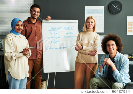 Several happy young intercultural students and their teacher 96487954