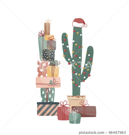 Xmas gift boxes and big potted cactus decorated with garland and Santa hat. Vector illustration isolated on white. Flat cartoon clipart for cards, posters, prints 96487963