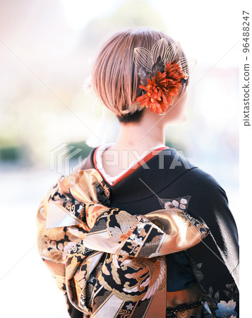 Back view woman wearing furisode Back view woman wearing furisode 96488247