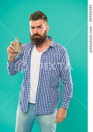 Bearded man. Facial hair and shaving. brutal caucasian hipster with moustache. Choosing perfume. Hair and beard care. Male fashion. Mature hipster with beard. Enjoying morning routine 96488485