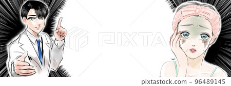 Cartoon illustration of a handsome glasses plastic surgeon giving polite advice to a middle-aged woman shocked by her aging face 96489145