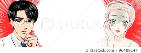 Cartoon illustration of a handsome glasses plastic surgeon giving polite advice to a middle-aged woman shocked by her aging face 96489147