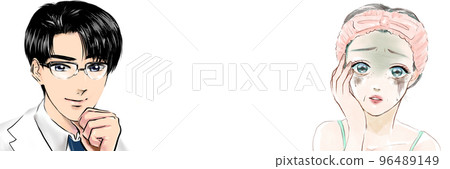 Cartoon illustration of a handsome glasses plastic surgeon giving polite advice to a middle-aged woman shocked by her aging face Cartoon illustration of a handsome glasses plastic surgeon giving polite advice to a middle-aged woman shocked by her aging face 96489149