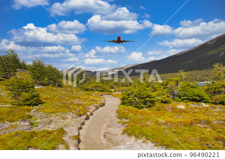 Aircraft flying over El Chalten in Patagonia Aircraft flying over El Chalten in Patagonia 96490221